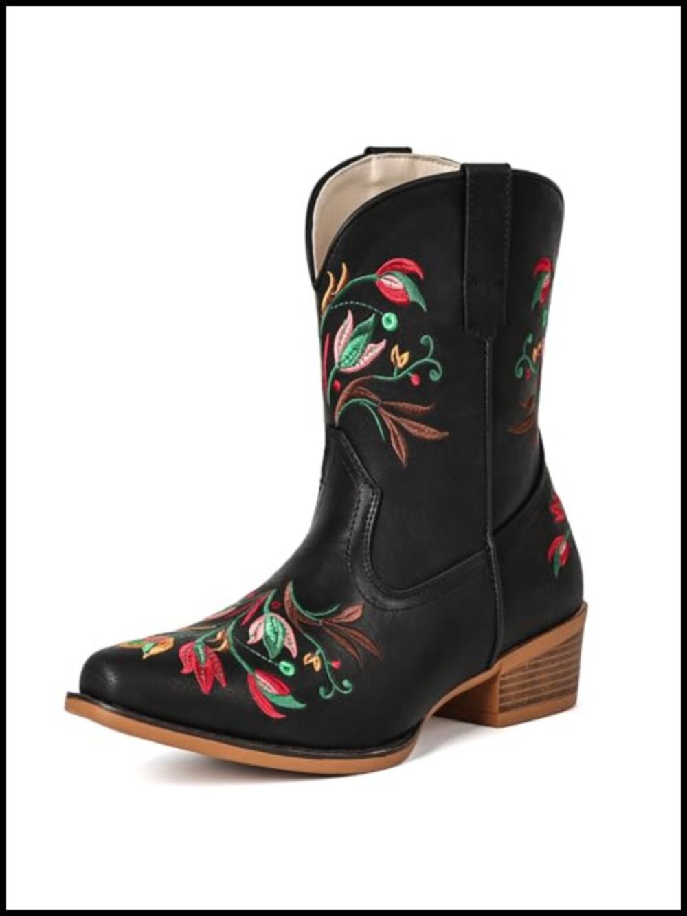 Western Flower Embroidered Ankle Cowboy Boots Faux Leather Snip Toe Pull-On